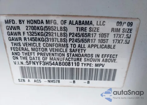 2010 Honda Pilot Ex-L z USA, uszkodzony, nr VIN 5FNYF3H54AB008110